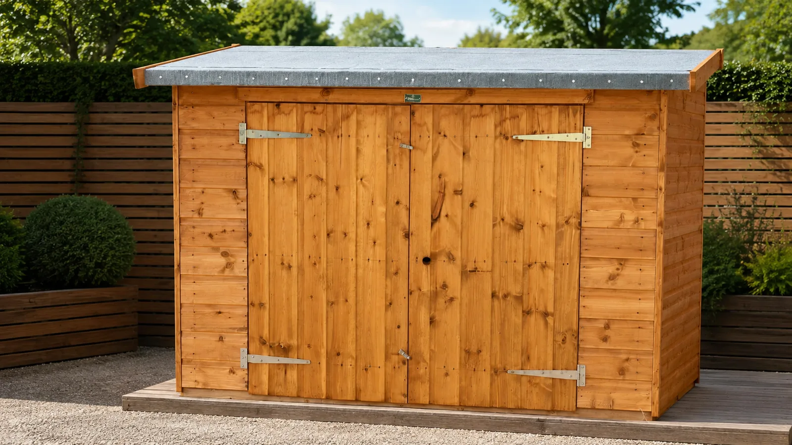Timber bike shed with wide double doors and a covered roof