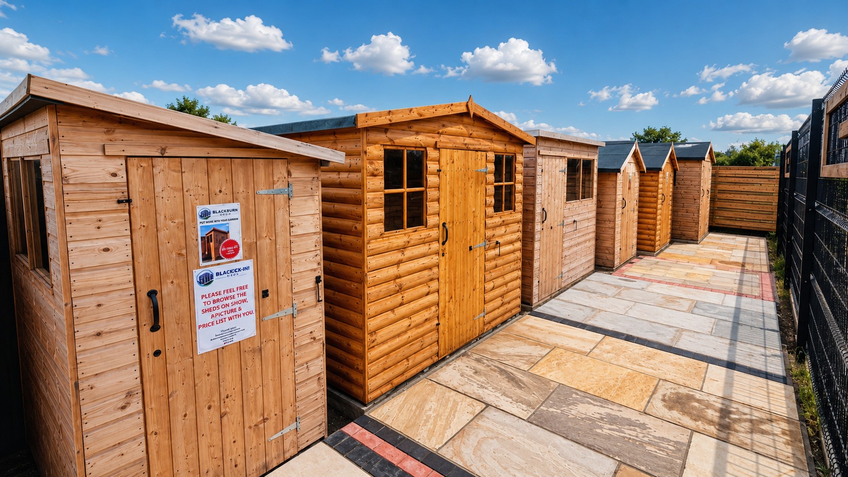 Pent and apex timber sheds on display