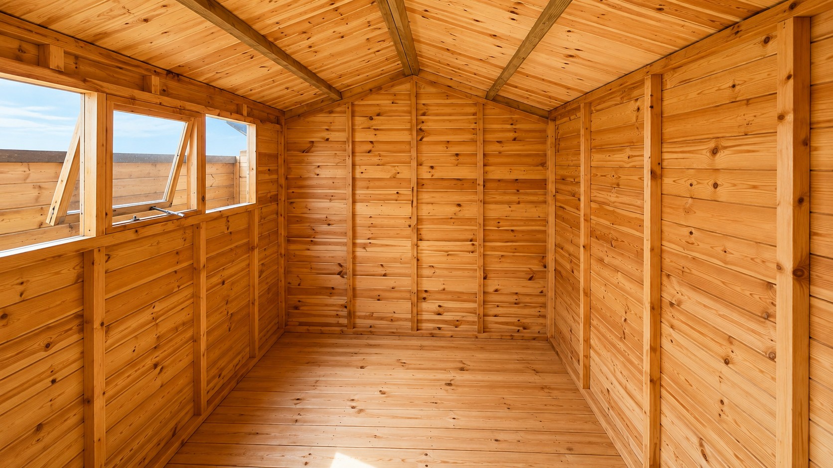 Light timber shed interior with apex roof beams