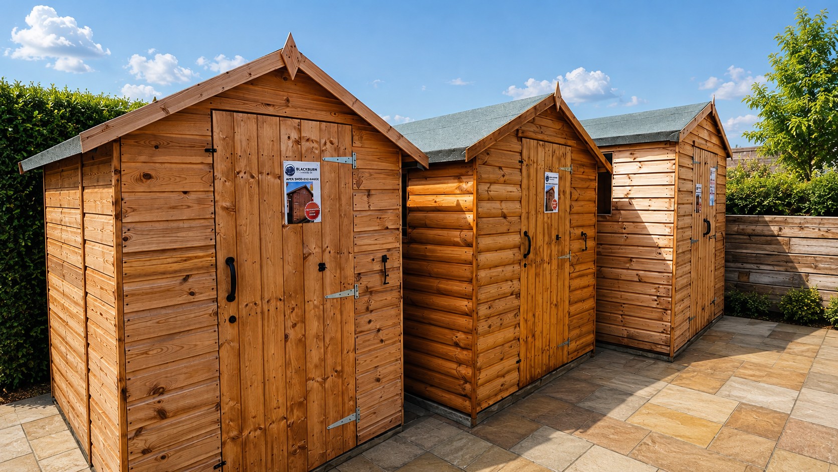 Timber apex sheds displayed at Blackburn Sheds