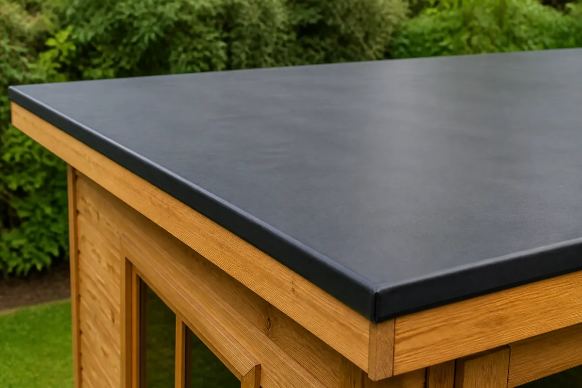 Close-up of Firestone EPDM rubber roofing on a timber shed roof