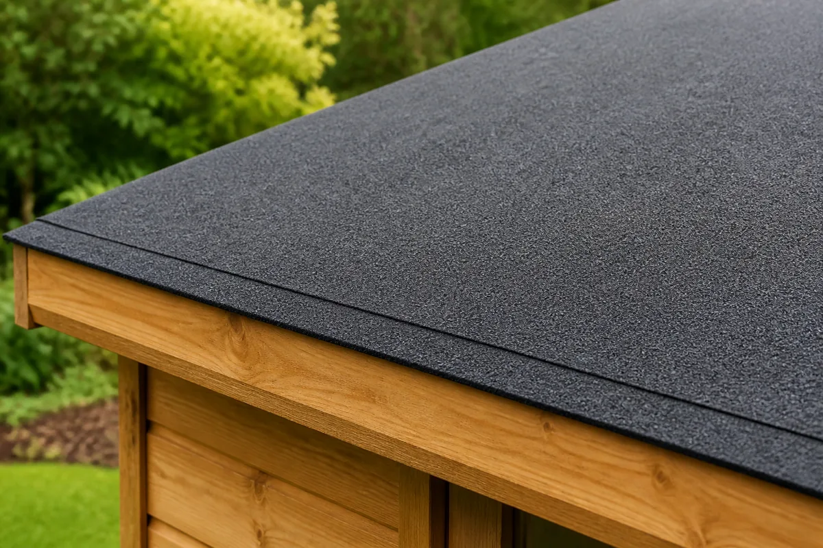 Close-up of high-performance polyester shed felt on a timber shed roof