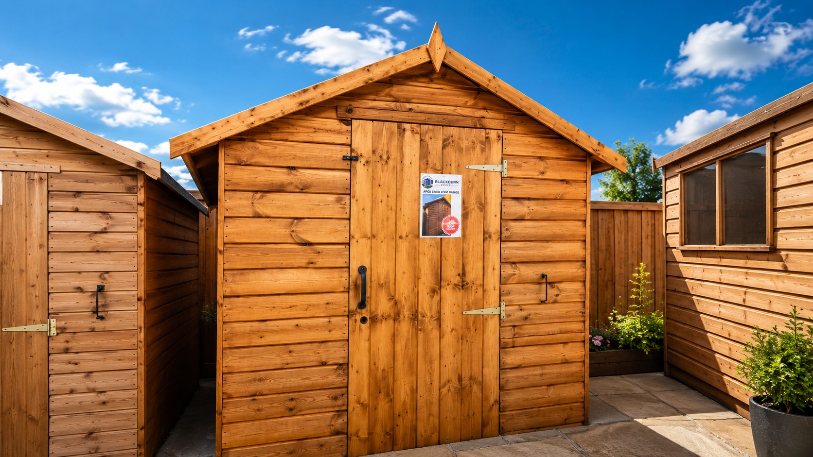 Wooden apex shed at the Blackburn Sheds forecourt
