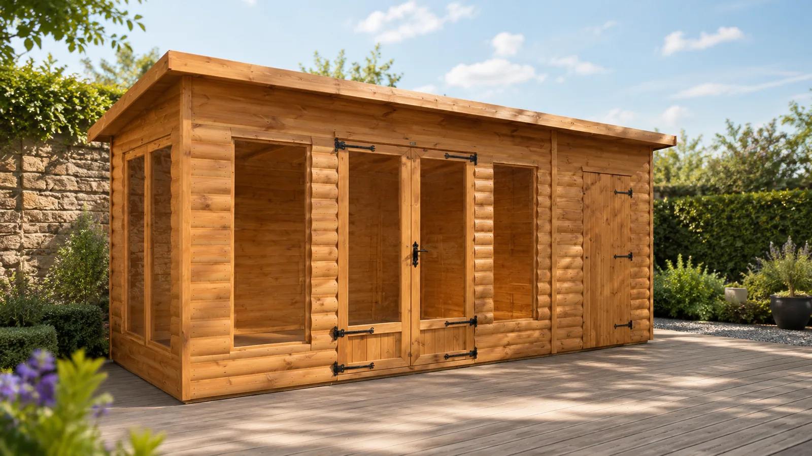 Timber combi summerhouse with glazed room and side store