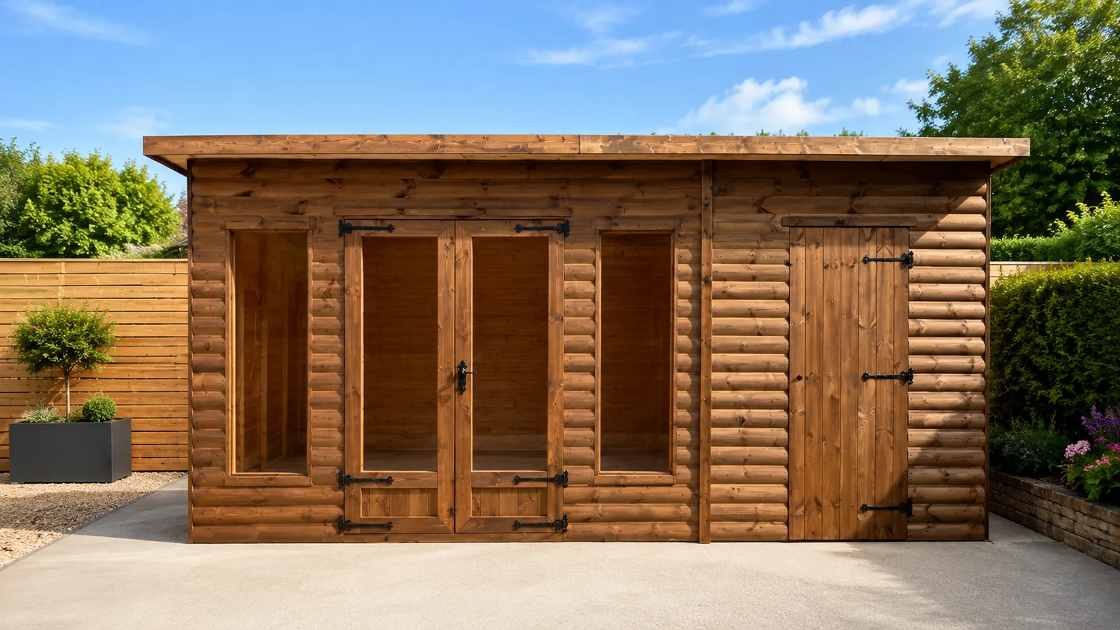 Wide timber combi summerhouse with windows and separate side door