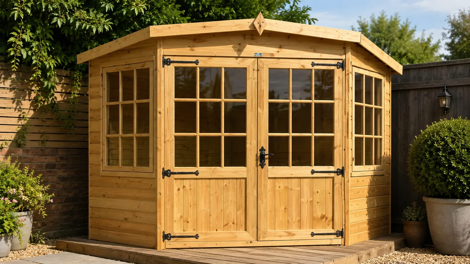 Corner timber summerhouse with windows on the front and side