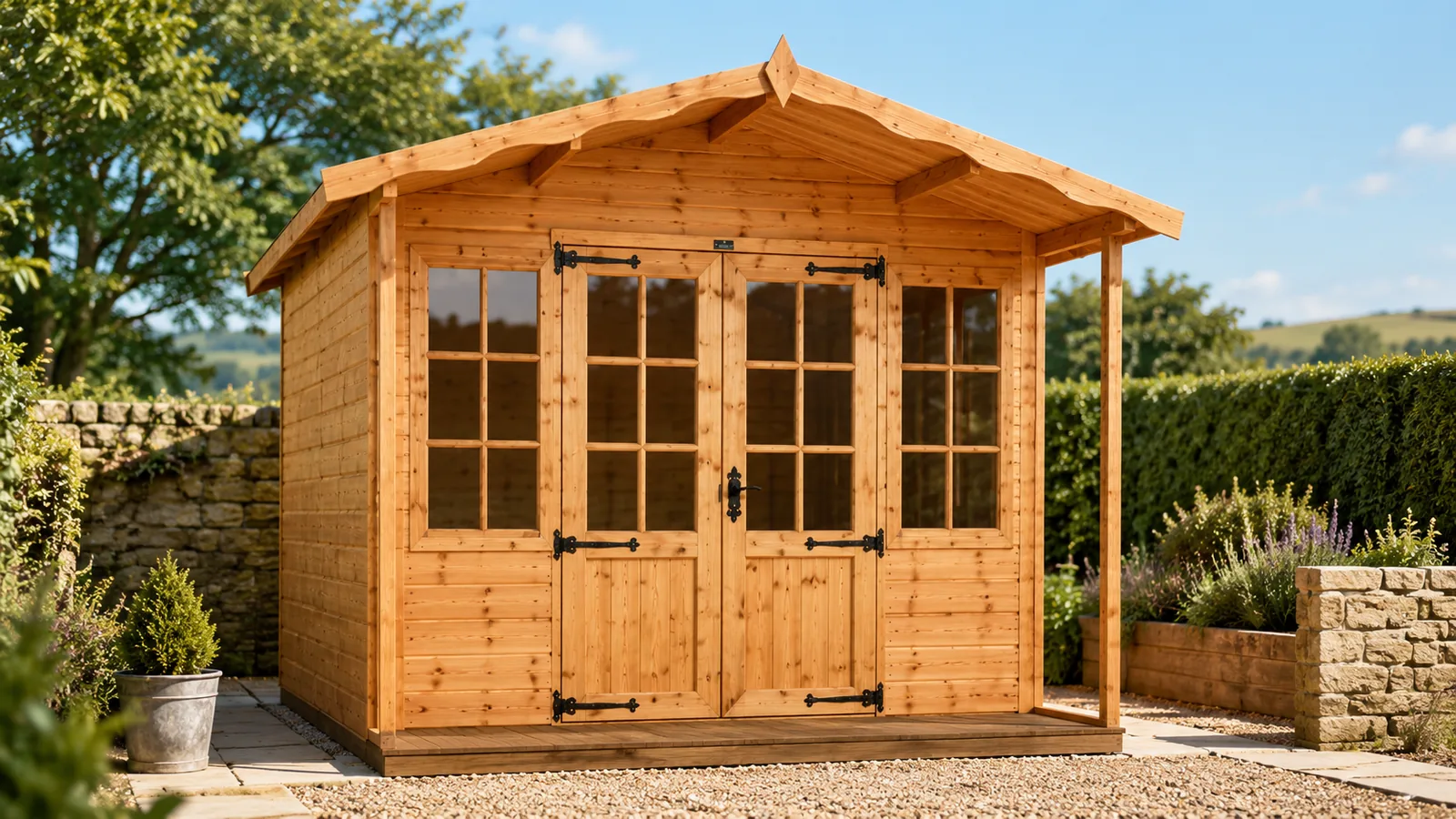 Glazed timber summerhouse with double doors and side canopy