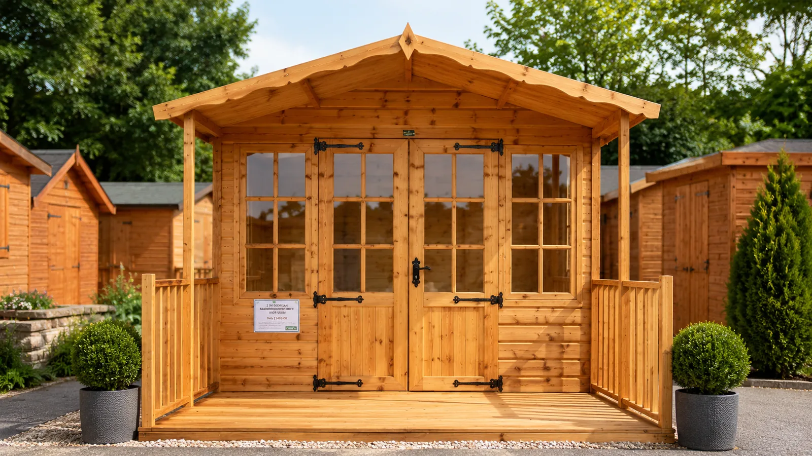 Timber summerhouse with front veranda and glazed doors